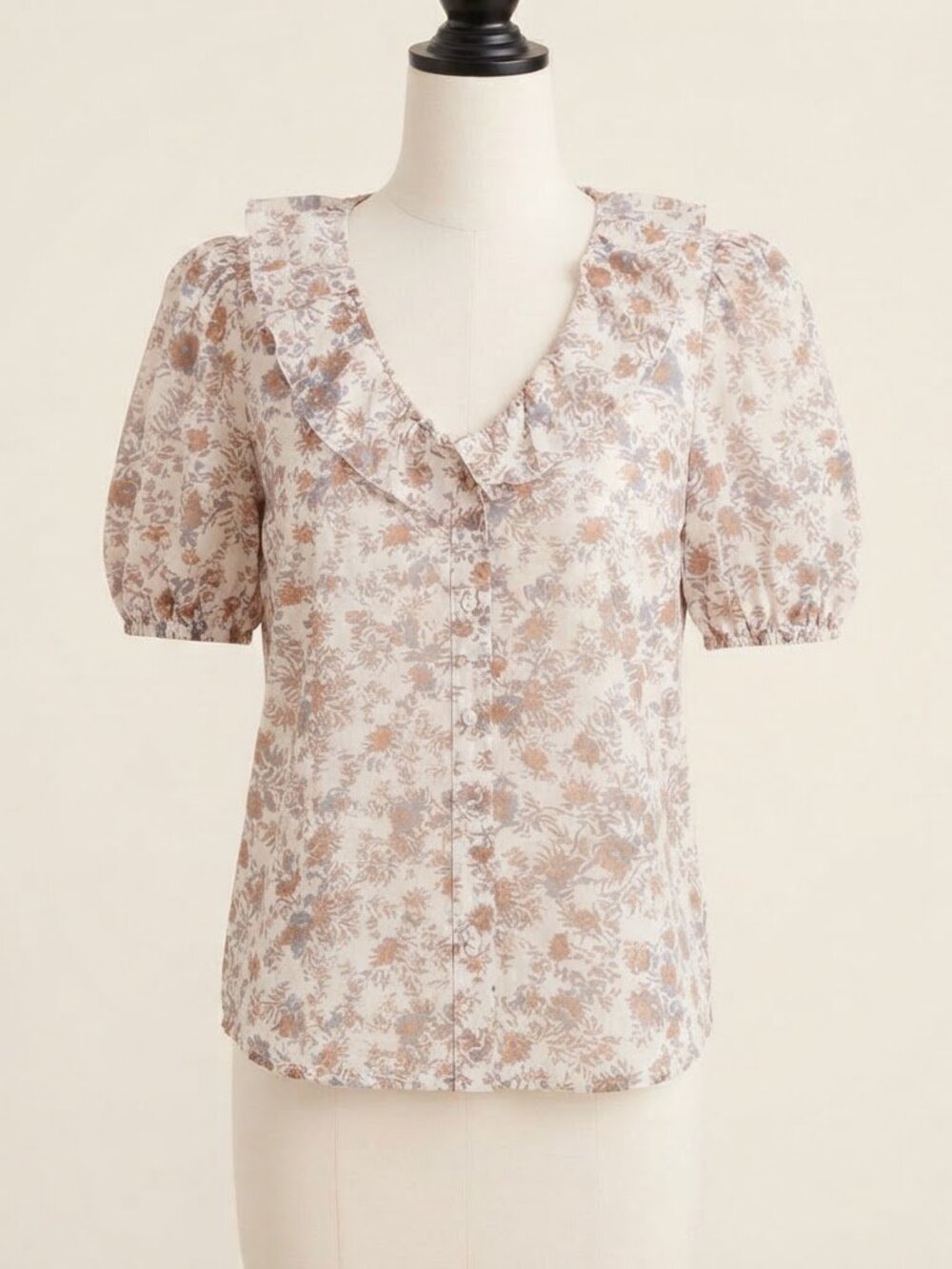 Joie Floral Ruffle Collar Puff Sleeve Blouse Cream Blue Brown sz L